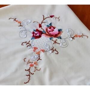 VTG Handmade Lavishly Embroidered Tablecloth Cross Stitch Roses New Old Stock